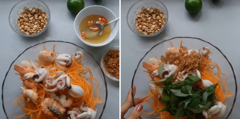 Công đoạn trộn ngó sen tôm mực với nước mắm và các loại rau thơm