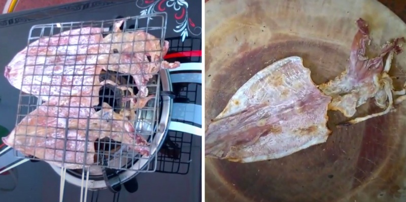 Nướng mực khô và cán mỏng trước khi chế biến