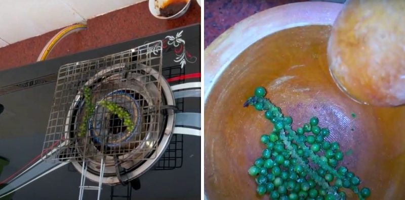 Nướng tiêu xanh và giã dập để dậy mùi thơm