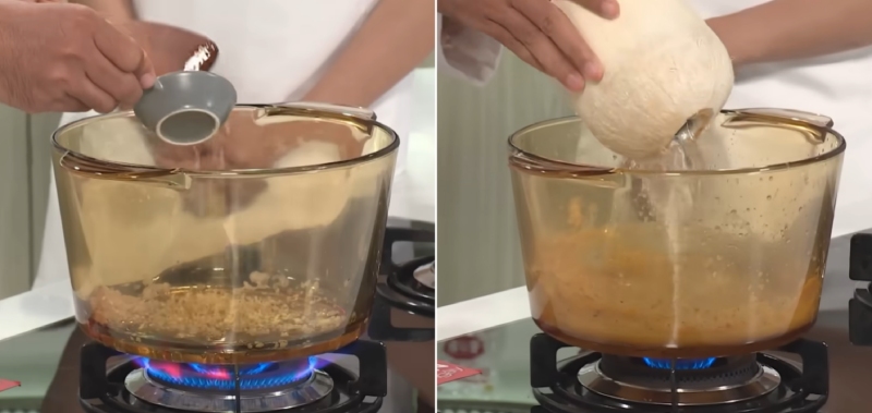 Cho sả băm và nước dừa vào nồi