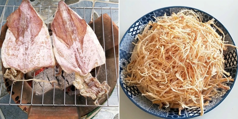 Nướng mực khô và xé sợi mực khô
