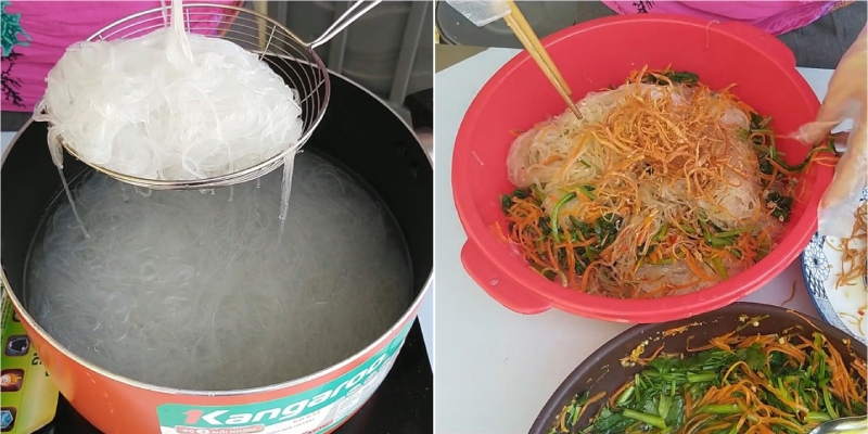 Chần miến và trộn miến với mực, rau