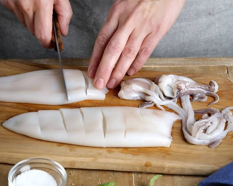 Sơ chế và khía thân mực giúp thấm đều gia vị