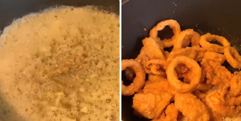 Cho mực đã chiên vào chảo đảo đều cùng hỗn hợp sốt bơ đậm đà