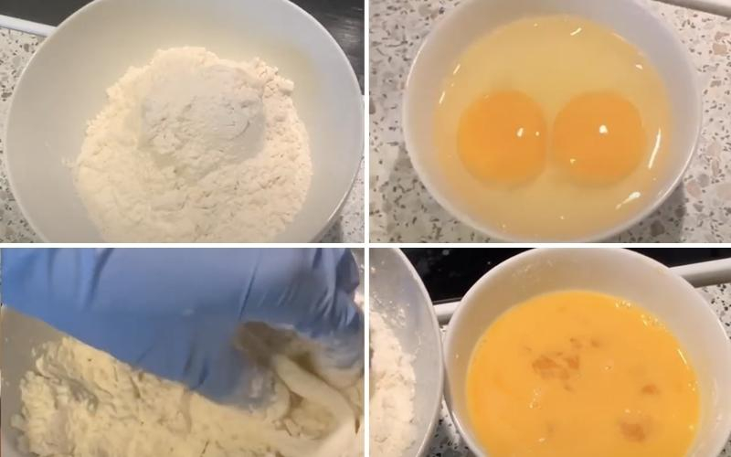 Pha bột và lăn mực qua hỗn hợp để chuẩn bị chiên