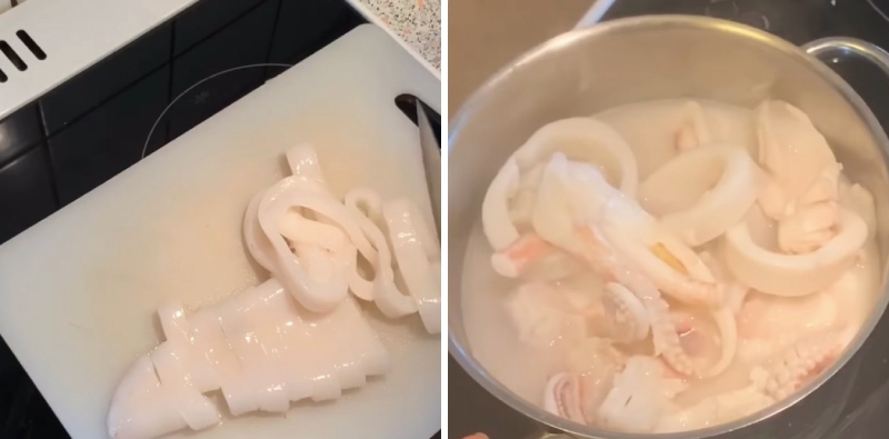 Chần sơ mực qua nước sôi để mực săn lại và không bị ra nước khi chiên bơ