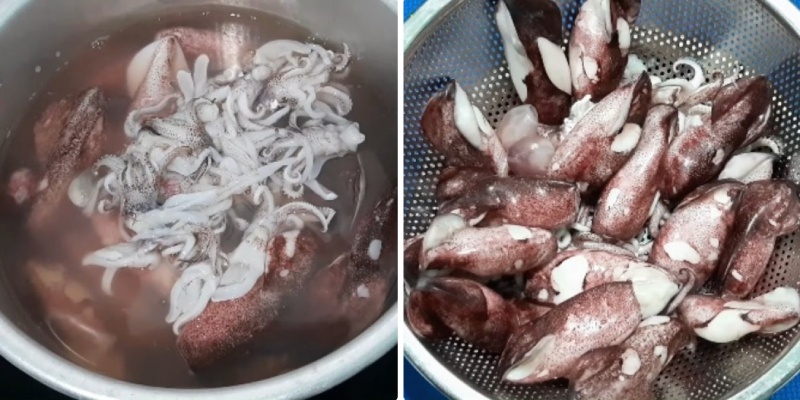 Luộc sơ mực tươi qua nước sôi và để ráo nước trước khi đem chiên