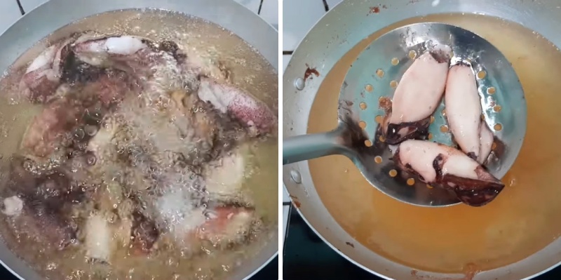 Công đoạn chiên mực tươi trong chảo ngập dầu cho đến khi chín vàng giòn