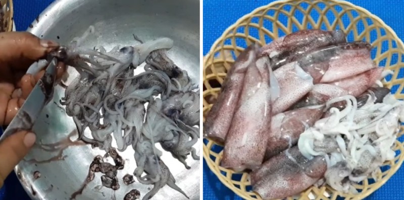 Sơ chế mực tươi cắt bỏ túi mực và rửa sạch để chiên nước mắm