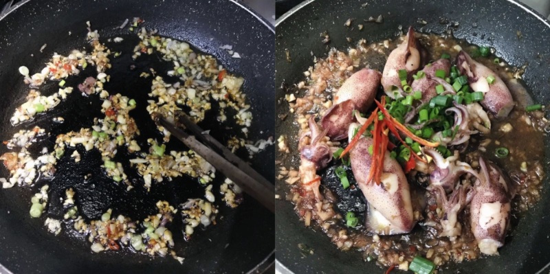 Phi thơm hành tỏi và cho mực vào chảo chiên rim cùng nước mắm đậm đà