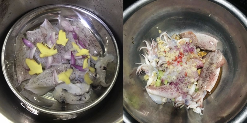 Công đoạn hấp mực với gừng, hành tím và trộn mực cùng gia vị trước khi chiên