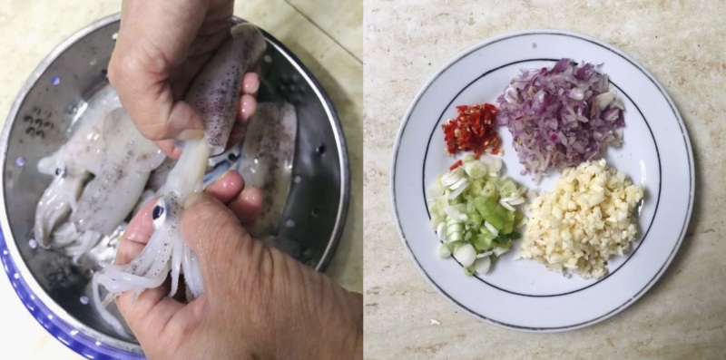 Cách sơ chế mực tươi và chuẩn bị hành, tỏi, ớt băm để làm mực hấp rim mắm