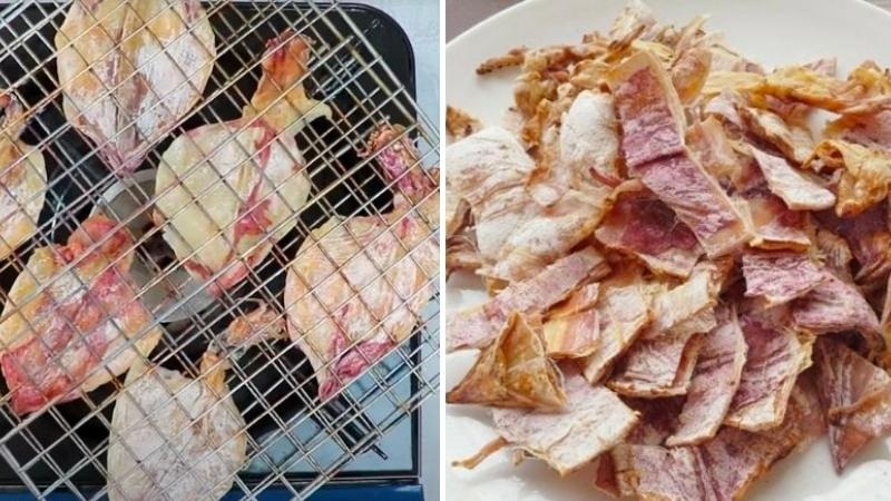 Nướng mực khô trên vỉ và xé nhỏ thành miếng vừa ăn