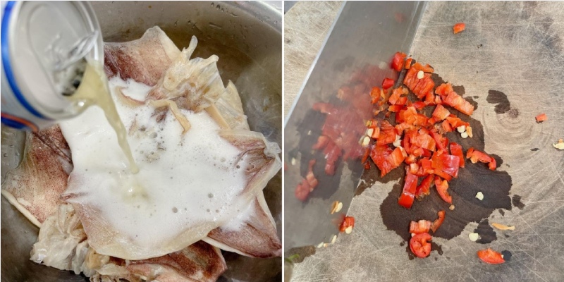 Ngâm mực khô với bia và băm ớt