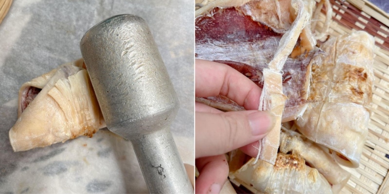 Đập mềm mực khô bằng chày