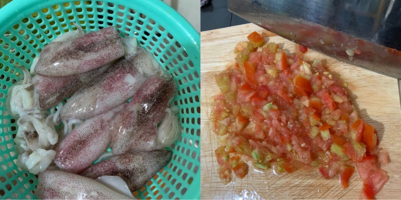 Sơ chế mực ống tươi sạch và băm nhỏ cà chua để làm nước sốt