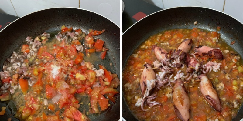 Nấu nước sốt cà chua và cho mực nhồi thịt vào rim để ngấm gia vị
