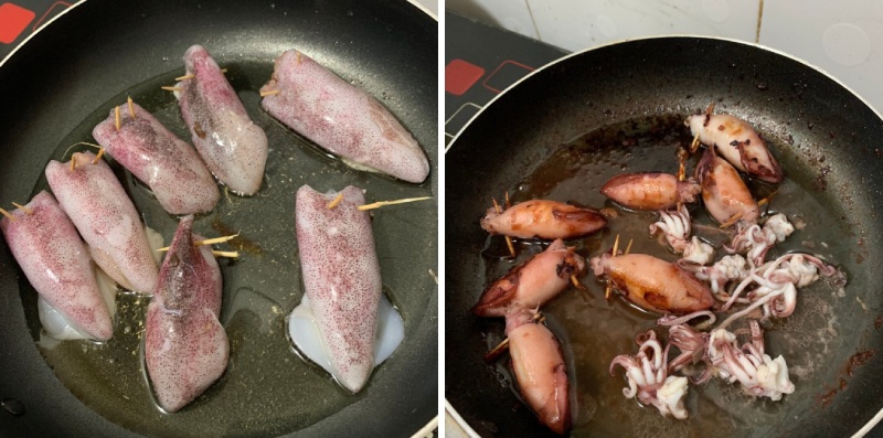 Chiên sơ mực đã nhồi thịt trên chảo dầu nóng cho đến khi mực săn lại