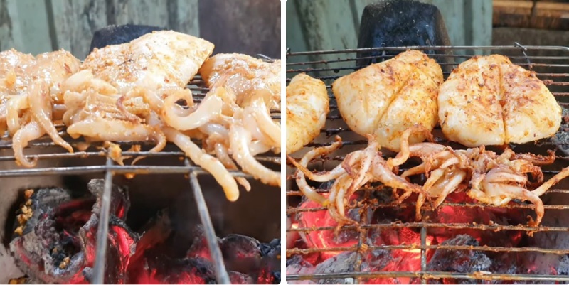 Nướng mực trên bếp than hoa cho đến khi dậy mùi thơm