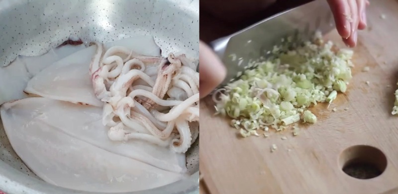 Sơ chế mực tươi sạch và khía bông để thấm gia vị chao