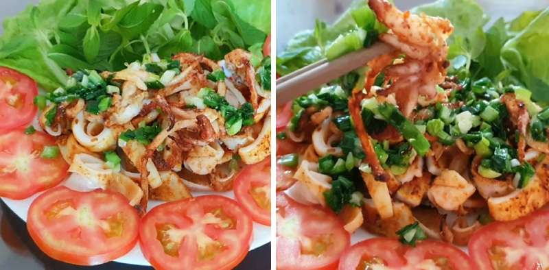 Món mực nướng chao vàng ươm trình bày cùng rau sống