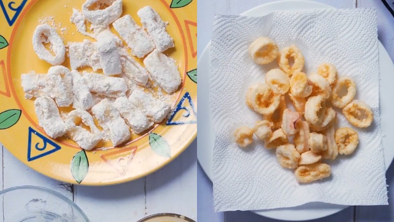 Tẩm bột cho mực và chiên mực