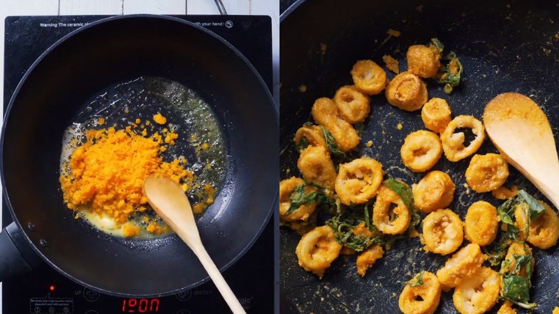 Công đoạn làm mực sốt trứng muối