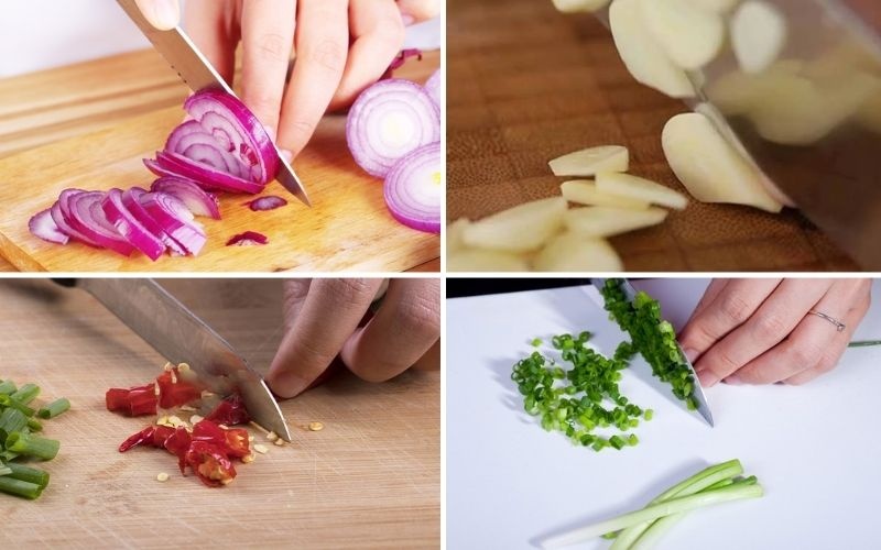 Sơ chế các loại gia vị hành tím, tỏi, ớt và hành lá để làm nước sốt mắm