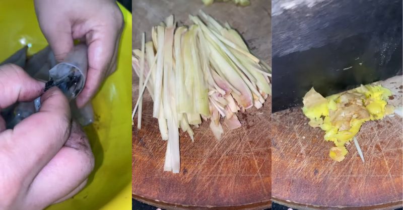 Sơ chế mực, sả và gừng