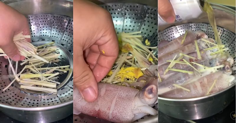 Cho mực vào xửng hấp