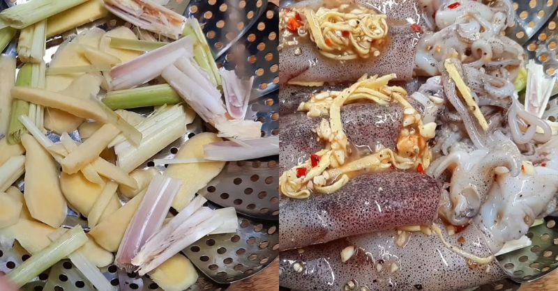 Cho sả và mực vào xửng hấp