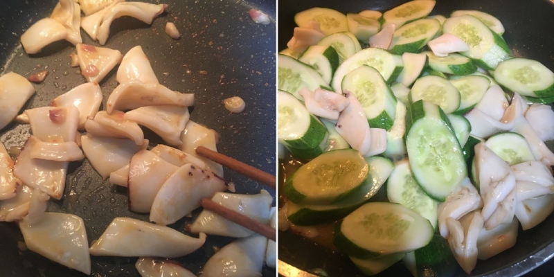 Xào mực cùng dưa leo trong chảo