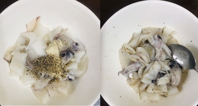 Mực cắt miếng ướp gia vị trước khi xào với mướp
