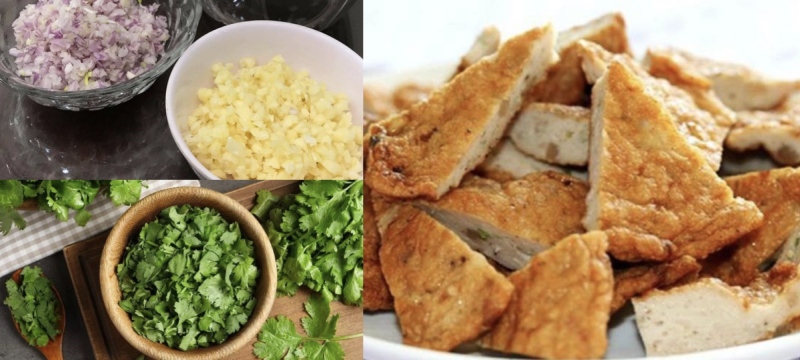 Sơ chế hành tím, tỏi và rau cho món bánh canh chả cá thu