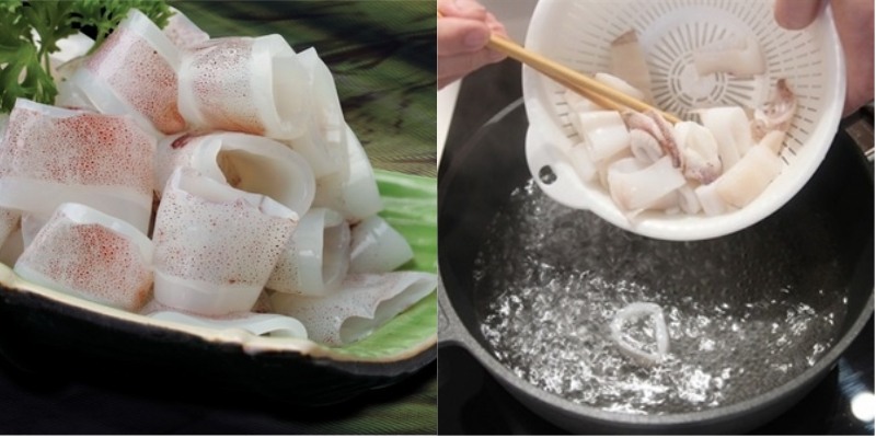 Cắt mực thành từng khoanh tròn và trần qua nước sôi