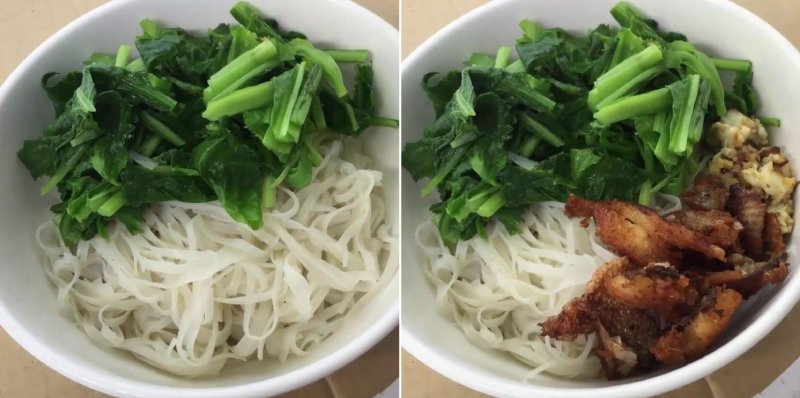 Bày trí bánh đa, rau cải và cá rô vào tô