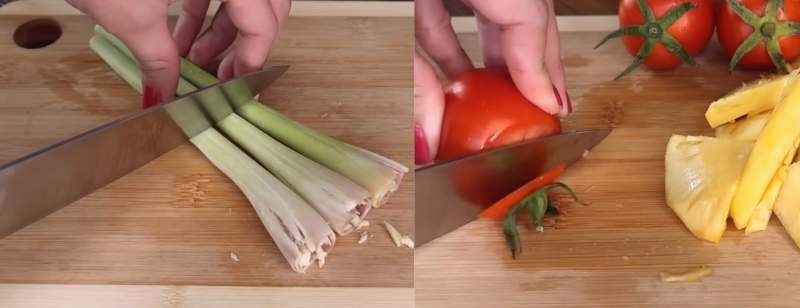 Sơ chế sả và cà chua nấu bún cá ngừ