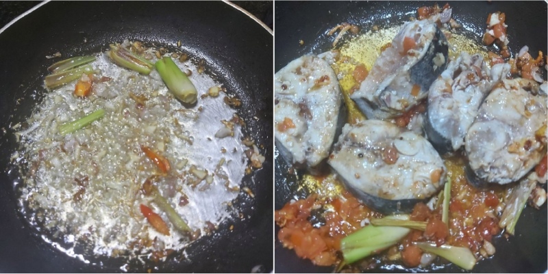 Phi thơm hành, tỏi, sả trong chảo và xào cá thu