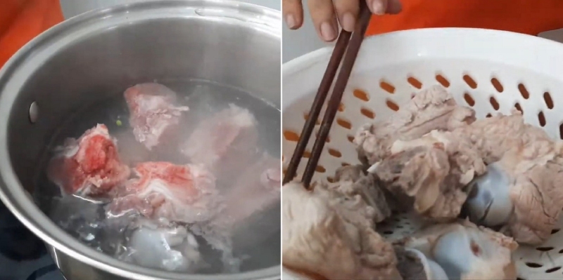 Luộc xương heo và vớt ra để ráo