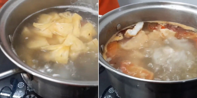 Nấu nước dùng bún chả mực với cà chua và thơm