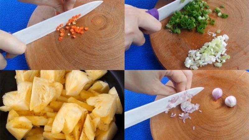 Sơ chế ớt, hành lá và gia vị nấu cá ngừ kho thơm