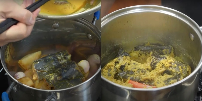 Cá trê om riềng mẻ sôi vàng thơm