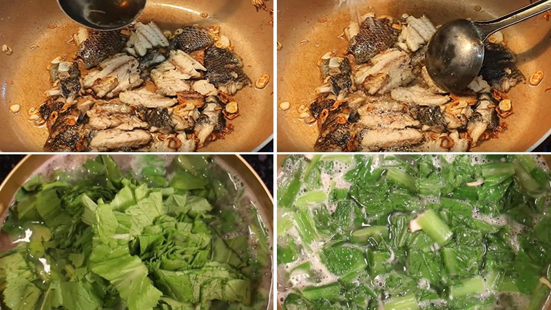 Công đoạn nấu canh cá rô rau cải