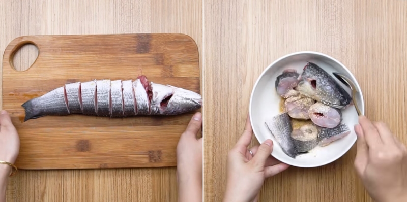 Cá lóc cắt khúc và ướp gia vị