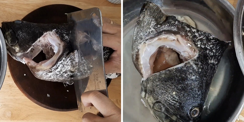 Cắt và làm sạch đầu cá mú