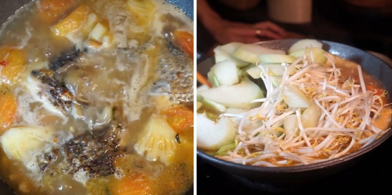 Công đoạn nấu canh chua cá rô phi
