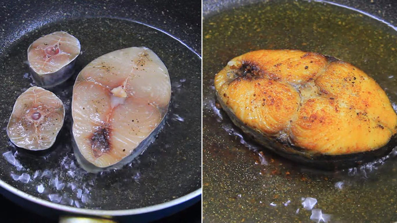 Chiên sơ cá thu trước khi nấu