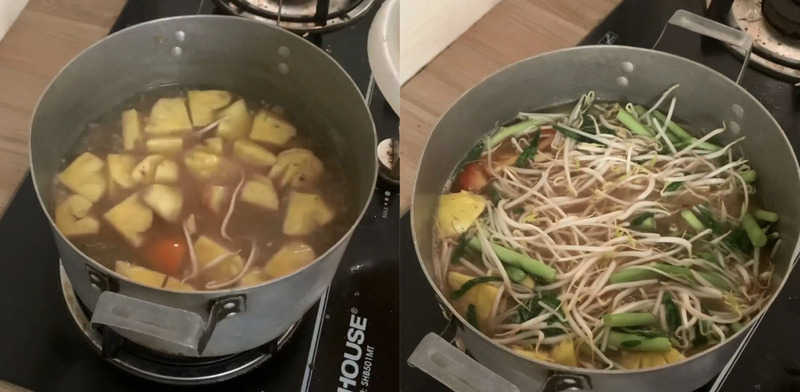 Cho rau nhút và giá vào nồi canh chua