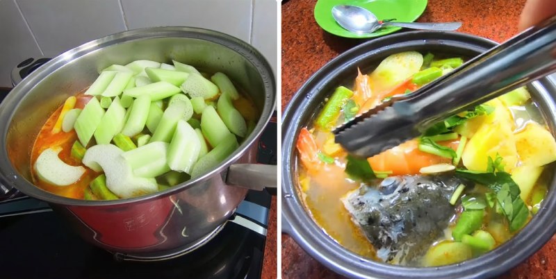 Nấu canh chua đầu cá hồi với tôm