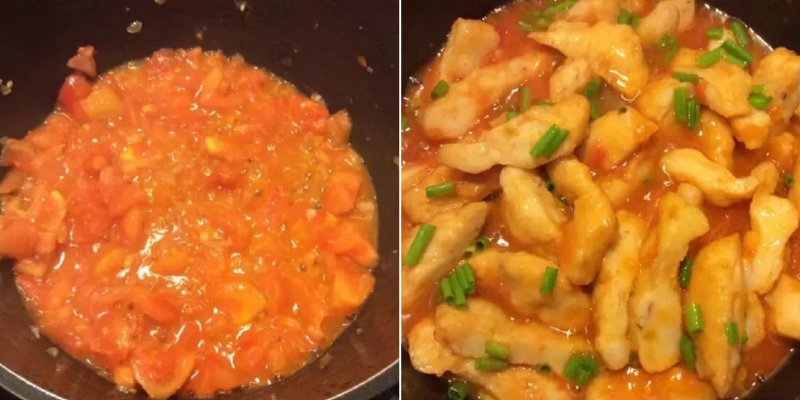 Rim chả mực với sốt cà chua sánh mịn trong chảo